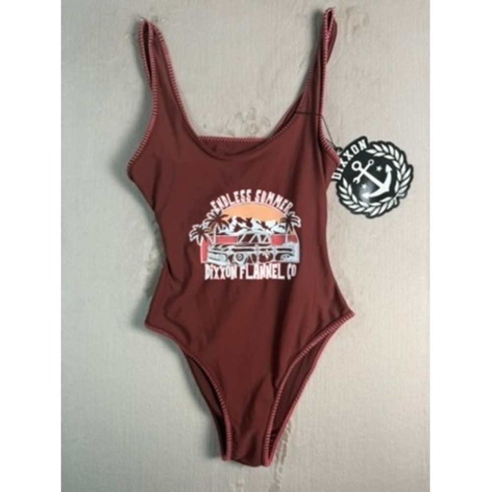 NEW Dixxon Flannel Co Swimsuit Women M  Brown Endless Summer Graphic One Piece